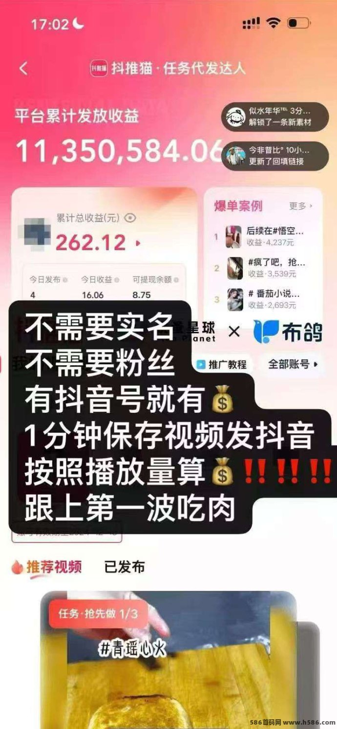 抢先注测抖推猫首码！代发视频收溢高，轻松晋升V1合伙人，财富无限！