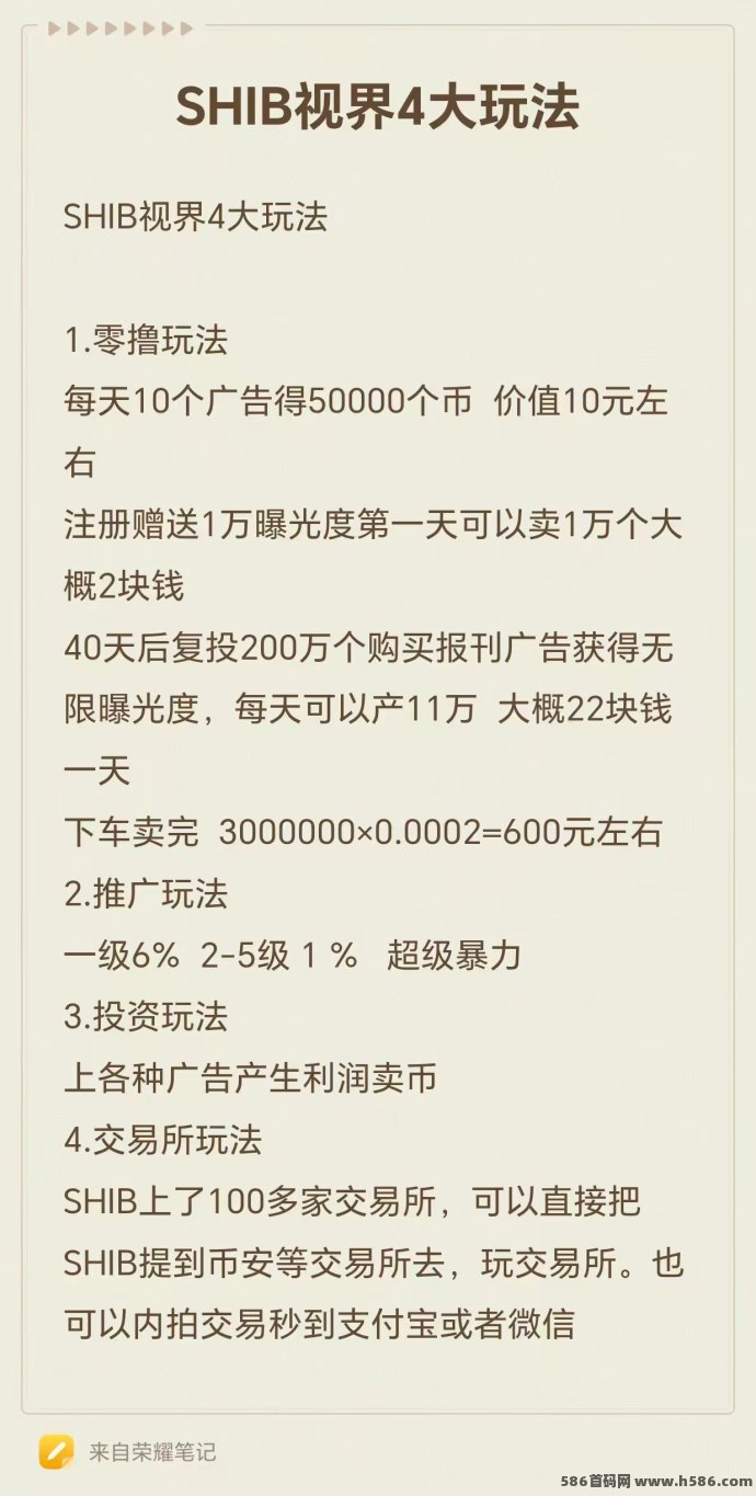 SHIB视界：看广告零撸新风口，长久稳定，日赚10圆，团队爆单收溢！