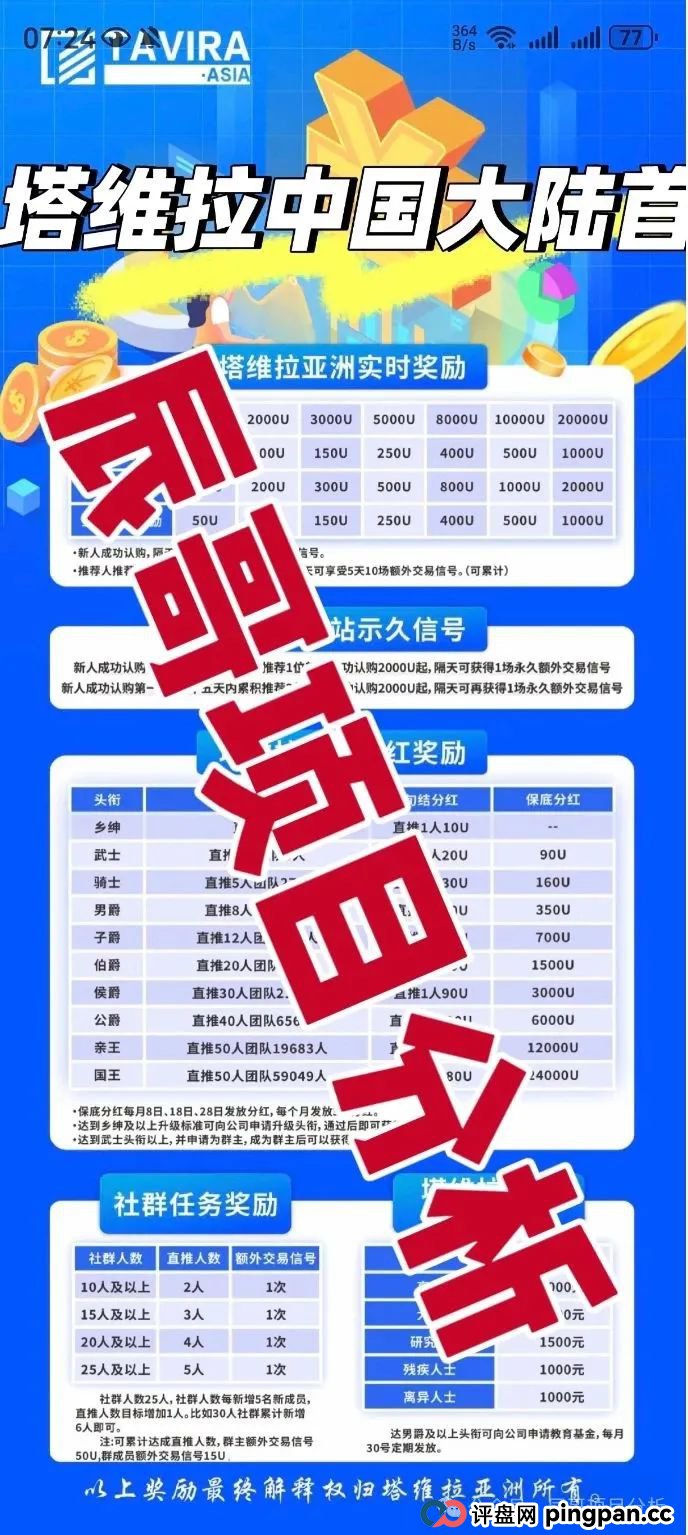 塔维拉亚洲资金盘骗局原悦比特诈骗团伙所开,典型的一轮圈韭菜盘,高度预警!